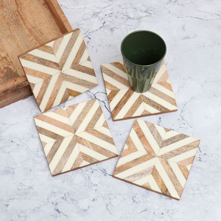 Brown & White Coloured Pattern Wooden Coasters - Pack of 4